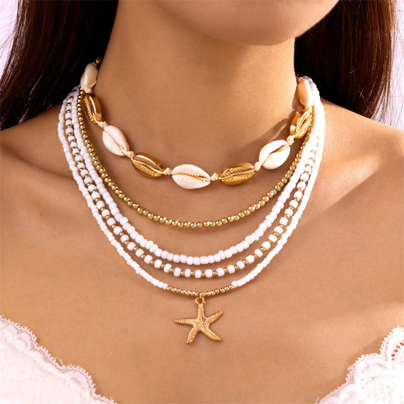 Starfish shell rice bead multi-layer necklace